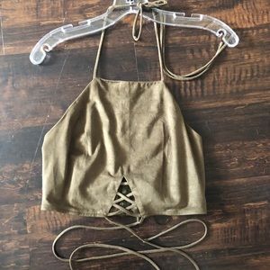 One the Land tie crop top, army green, suede